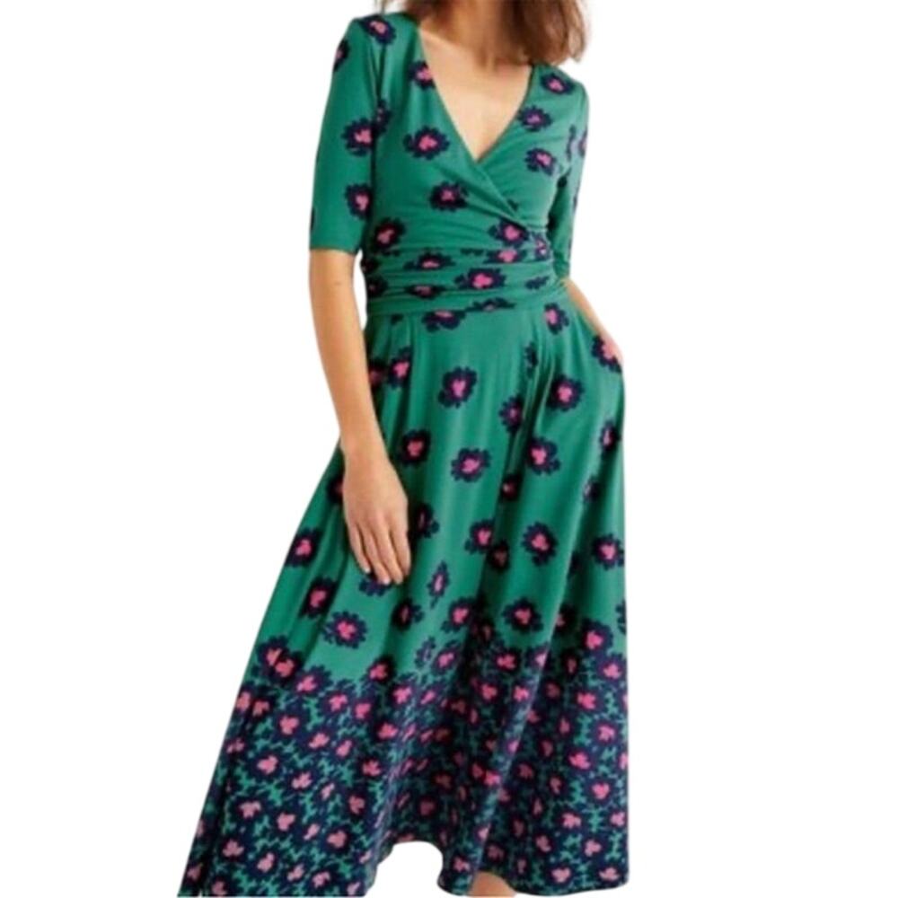 Boden Kassidy Floral Jersey Midi Dress Women’s 6 Green Bloom Stamp Surplice - Picture 3 of 10